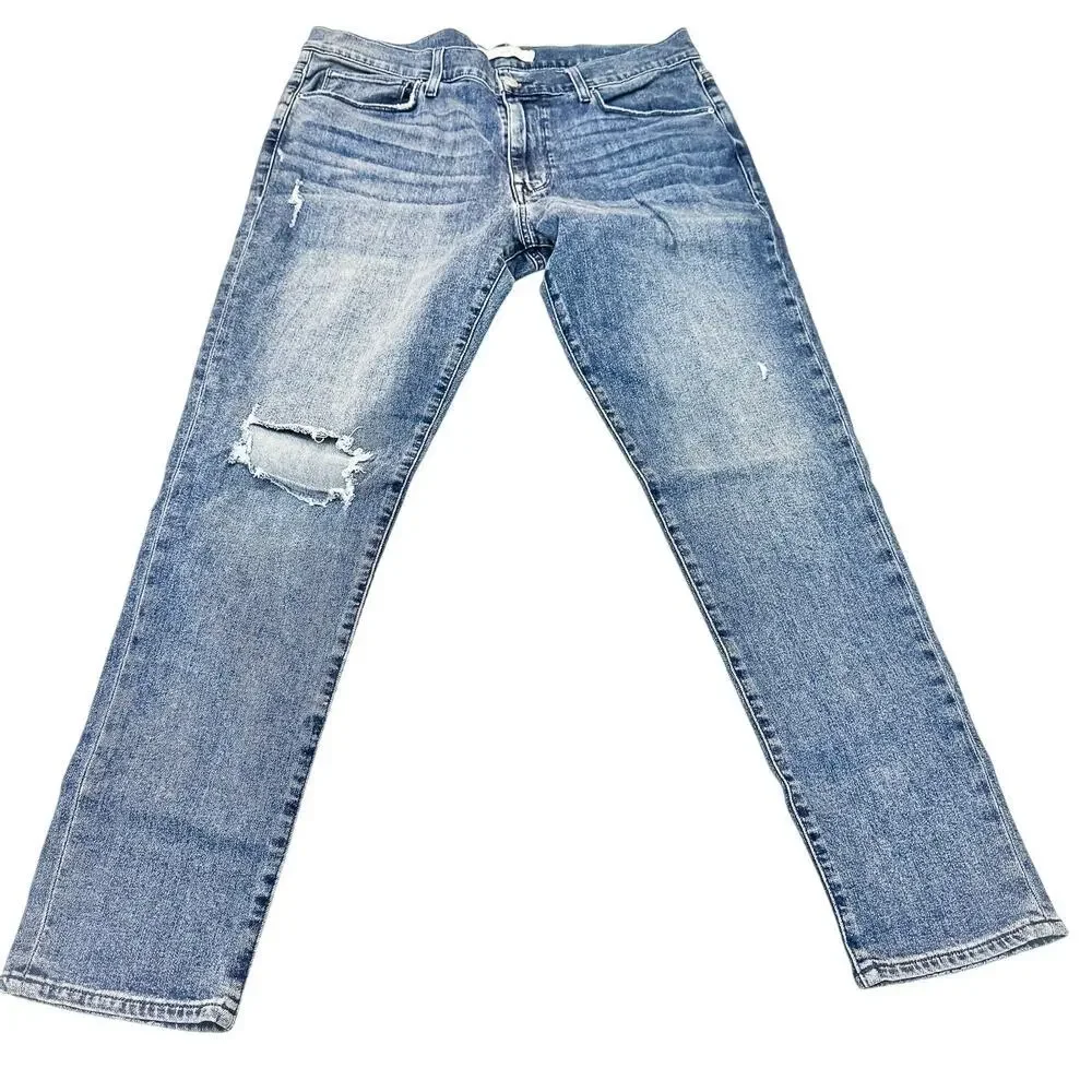Hudson Zev Men's Dark Wash Ripped Relaxed Straight Denim Jeans Size 36